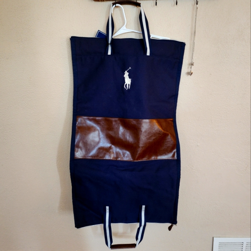 NWT large Polo Ralph Lauren navy and brown leather garment bag with logo